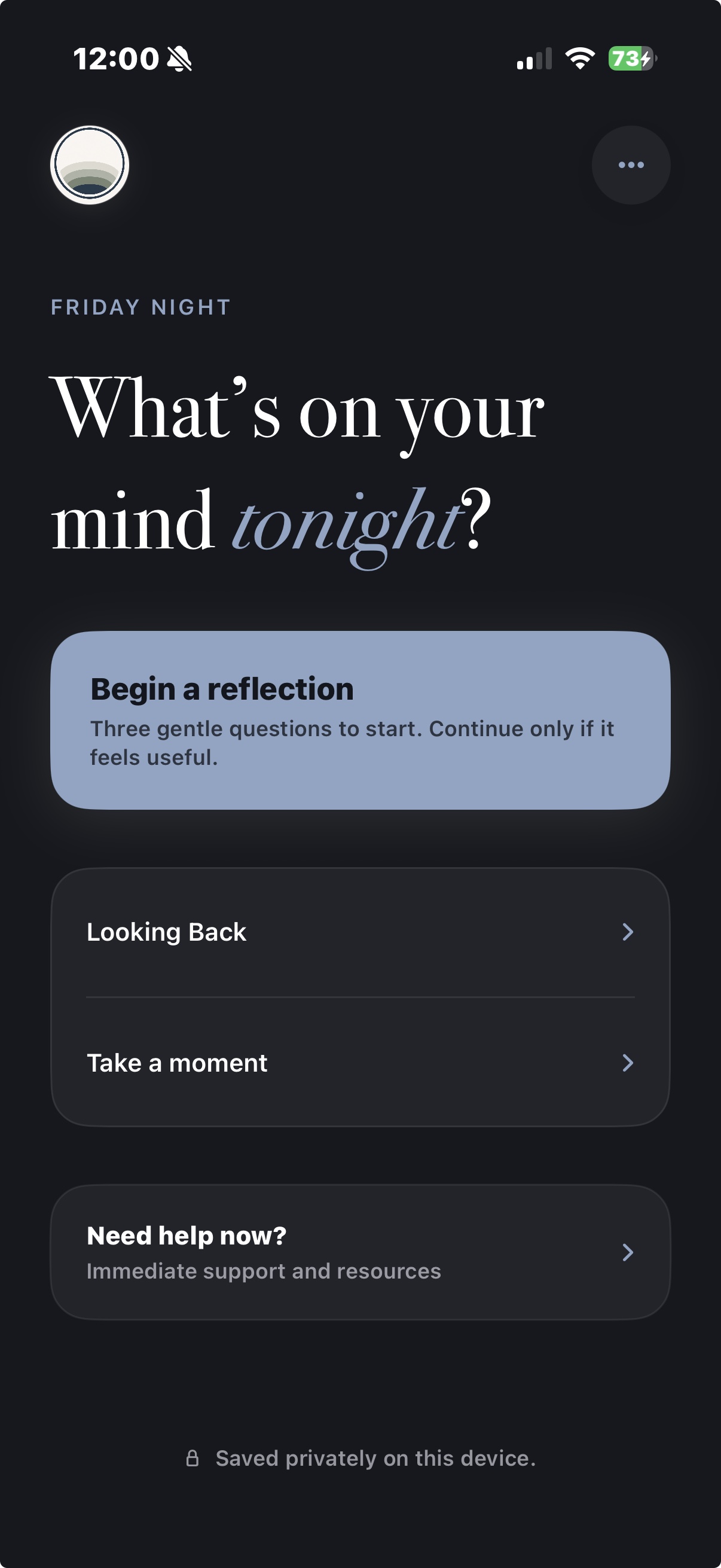 ThoughtWell in dark mode, with the note: saved privately on this device.