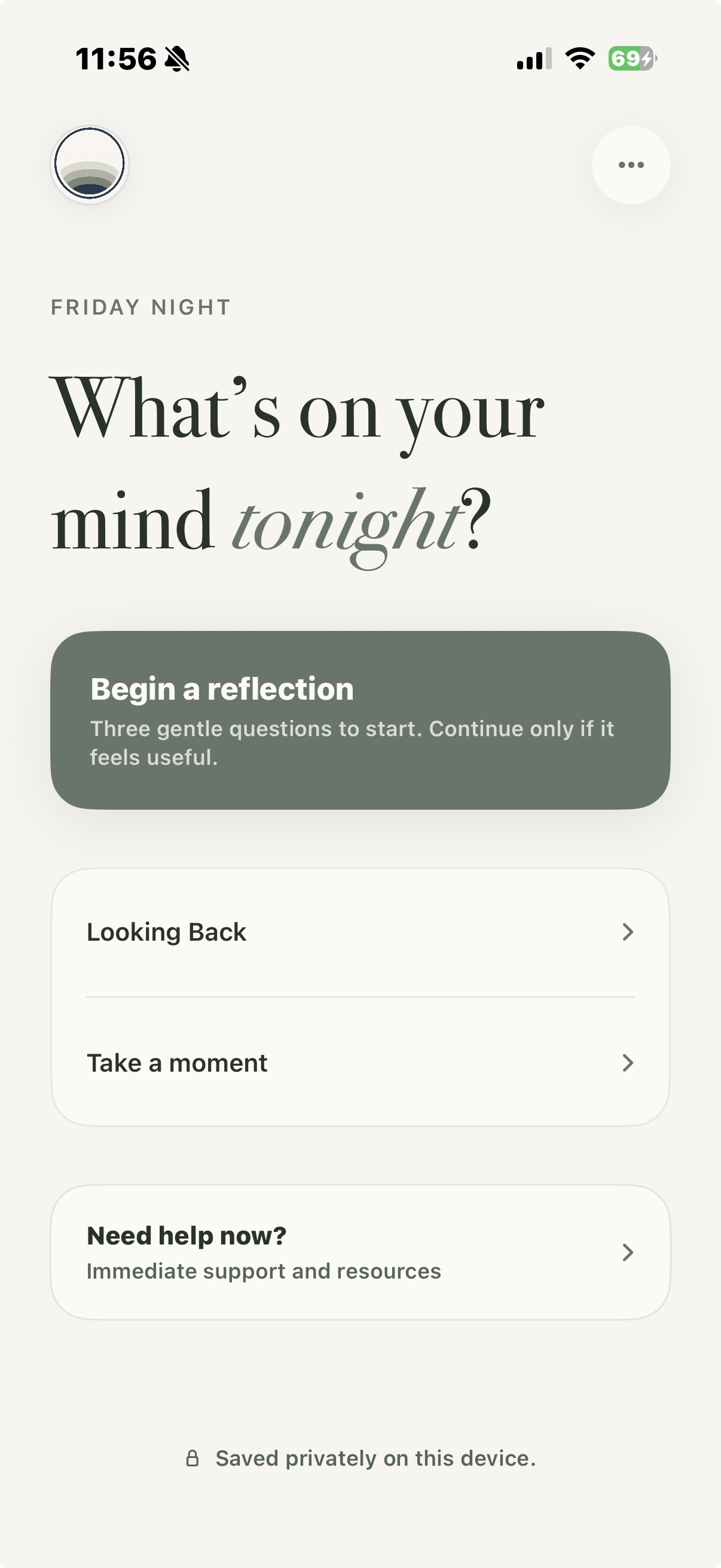 The ThoughtWell home screen, asking what is on your mind tonight.